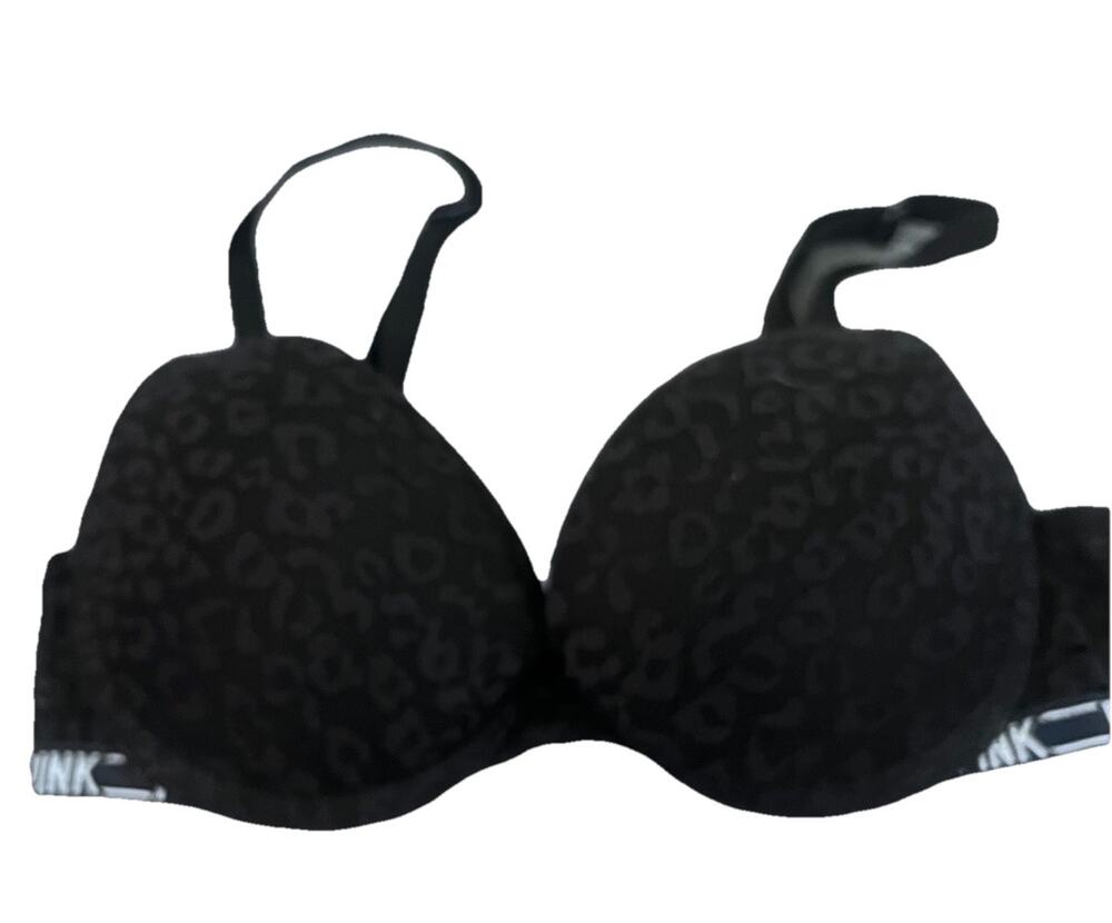 PINK Women Bra 32B Black Cheetah Push Up Underwired Lace Convertible
